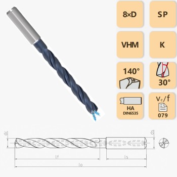 8XD-внутреннеохлаждаемое твердосплавное спиральное сверло